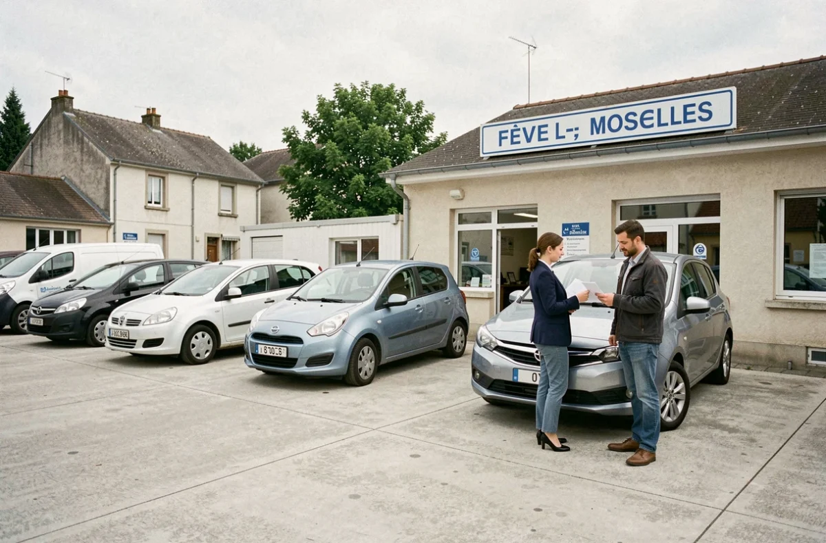 Parking de l'agence UCAR à Fèves avec des voitures et utilitaires alignés et une conseillère discutant d'un contrat avec un client