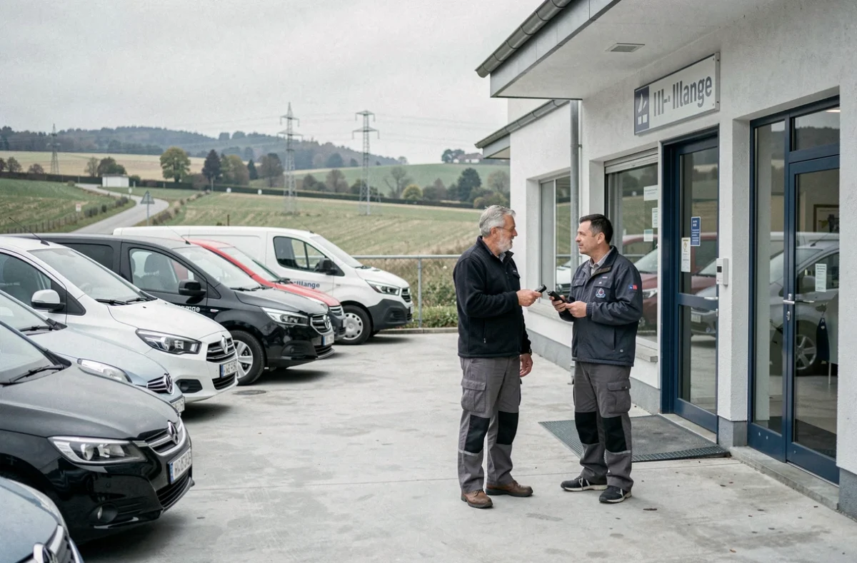Agence UCAR à Illange avec un agent tenant un trousseau de clés et discutant avec un client dans la cour de l'agence