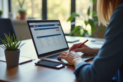 Personne utilisant un ordinateur pour remplir une carte grise dans un bureau lumineux