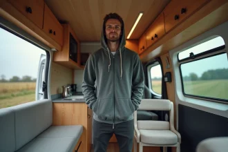 Homme dans un van aménagé en pleine nature