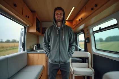 Homme dans un van am&eacute;nag&eacute; en pleine nature