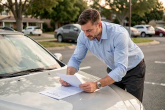 Vendeur particulier vérifiant les documents d'une transaction automobile sur le capot d'une berline argentée dans un parking résidentiel