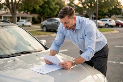 Vendeur particulier vérifiant les documents d'une transaction automobile sur le capot d'une berline argentée dans un parking résidentiel