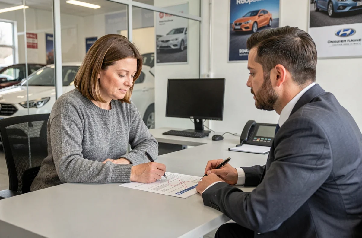 Vente de voiture à un professionnel auto avec signature et rature de la carte grise au bureau d'un concessionnaire