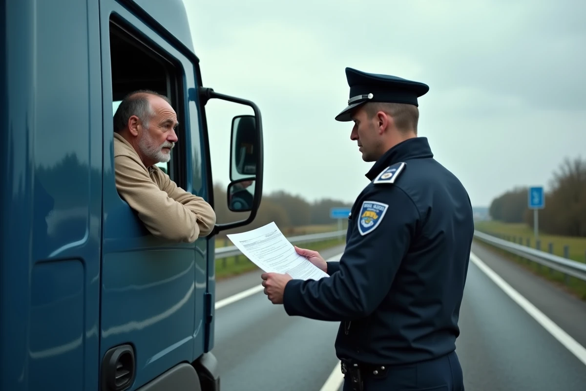 Gendarme remettant une contravention à un chauffeur de semi-remorque en surcharge sur une autoroute française