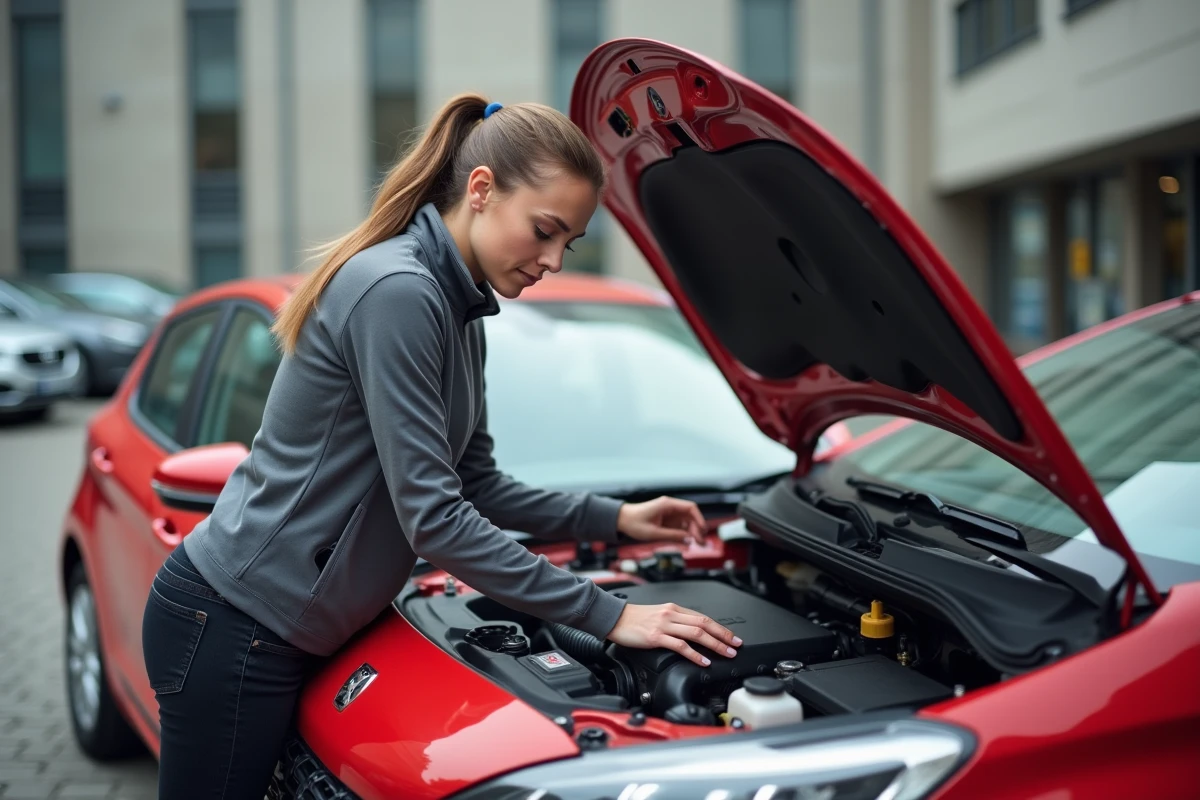 Jeune femme vérifiant le niveau d'huile moteur d'une Peugeot 208 rouge dans un parking urbain