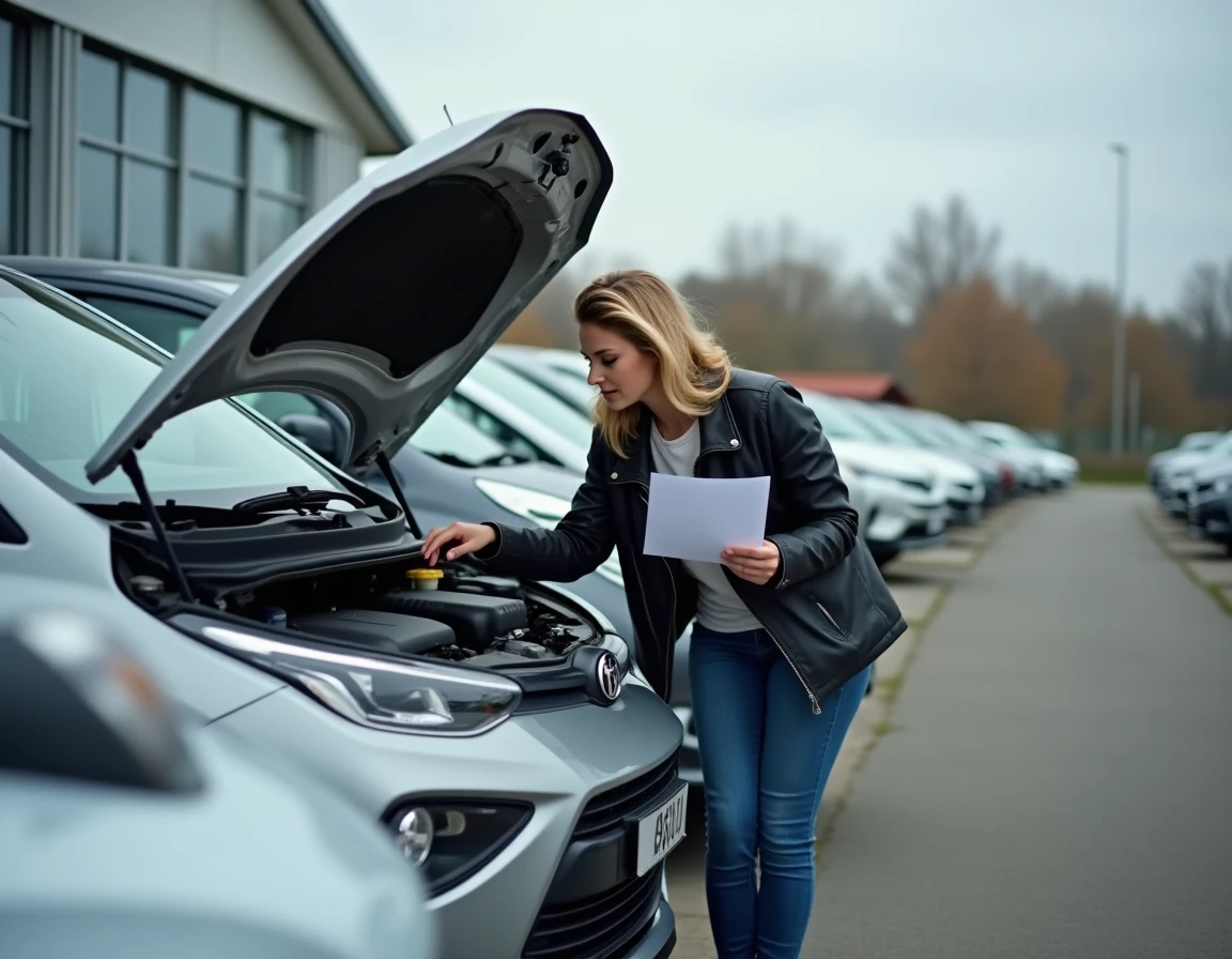 Acheteuse vérifiant le compartiment moteur d'une voiture diesel d'occasion dans un parc automobile