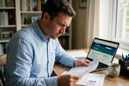 Homme consultant ses documents de permis de conduire à son bureau pour vérifier son solde de points