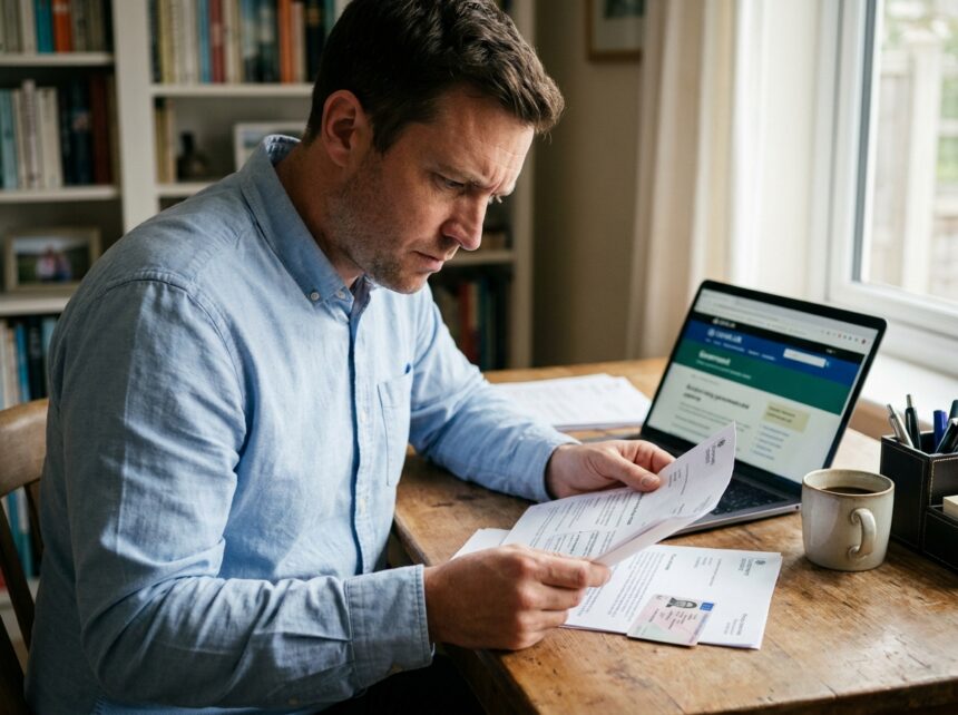 Homme consultant ses documents de permis de conduire à son bureau pour vérifier son solde de points