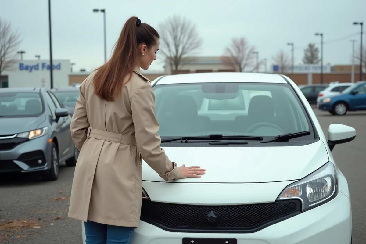 Femme lisant le numéro VIN gravé sur le tableau de bord d'un véhicule d'occasion dans un parking de concessionnaire