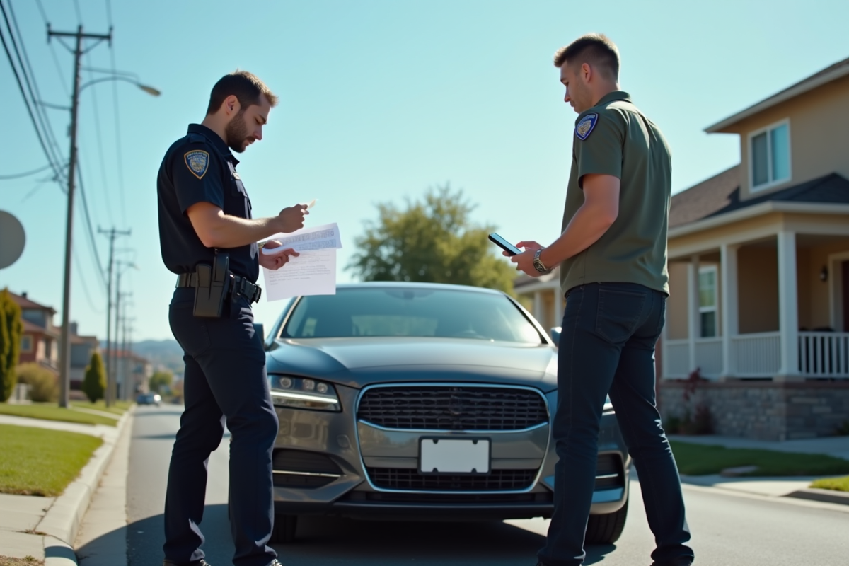 Deux personnes avec une voiture endommagee sur une rue ensoleillee