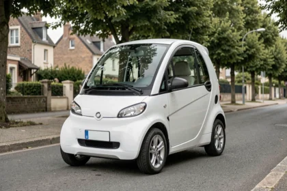 Voiture sans permis quatre places garée dans une rue résidentielle française