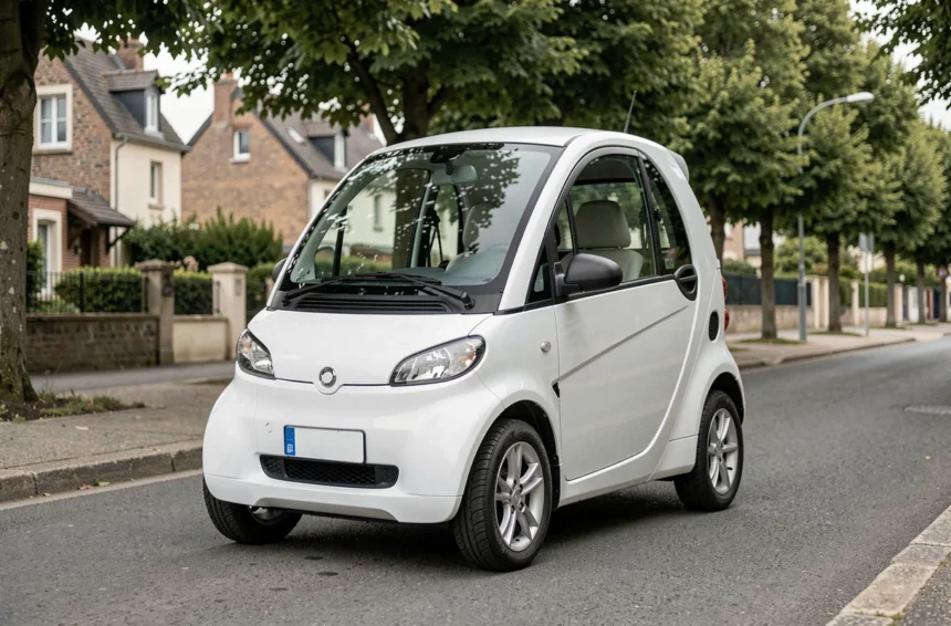 Voiture sans permis quatre places garée dans une rue résidentielle française