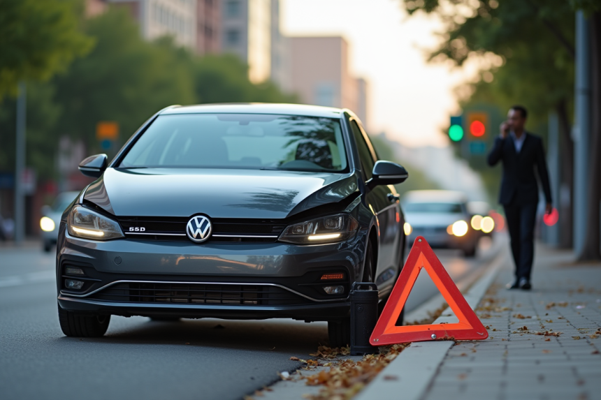 Voiture endommagée sur une route urbaine avec personne au téléphone