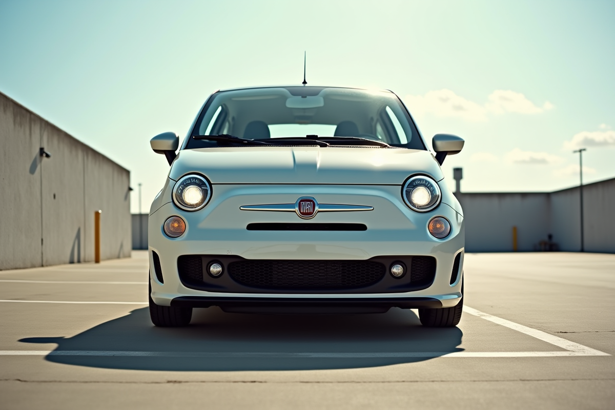 Fiat 500 vue en trois quarts dans un parking en plein jour