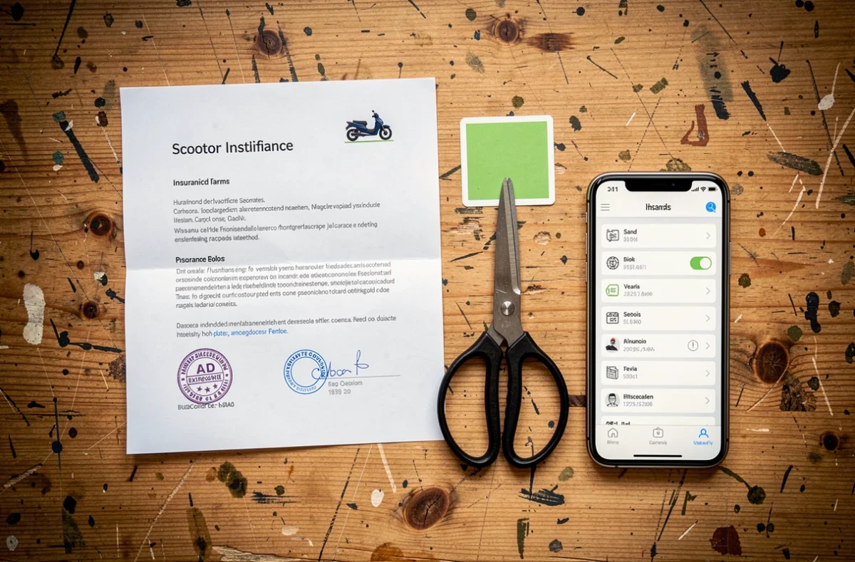 Vue de dessus d'une vignette d'assurance scooter avec certificat et smartphone sur un établi en bois